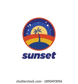 Sunset On The Beach Logo Design Template.