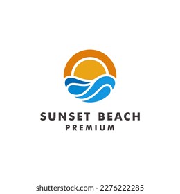 sunset on the beach logo design vector Illustration
