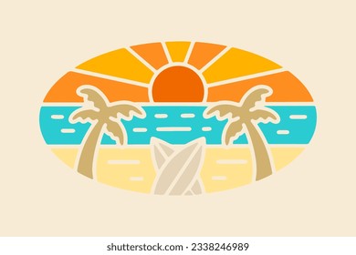 The sunset on the beach in mono line vector design for t-shirt, badge, and sticker vector illustration