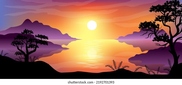 Sunset on the beach, the natural landscape consists of orange skies, tree silhouettes and sunlight reflected on the water surface.