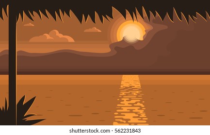 Sunset On The Beach Over The Water Landscape Background.  Vector Graphic. 