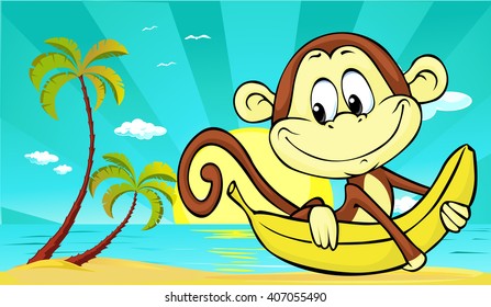 sunset on beach with palm and cute monkey and banana - vector illustration