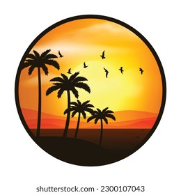 Sunset on a Beach with palm tree and mountain vector illustration