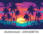 
sunset  on the beach with palm trees. Draw vector illustration 