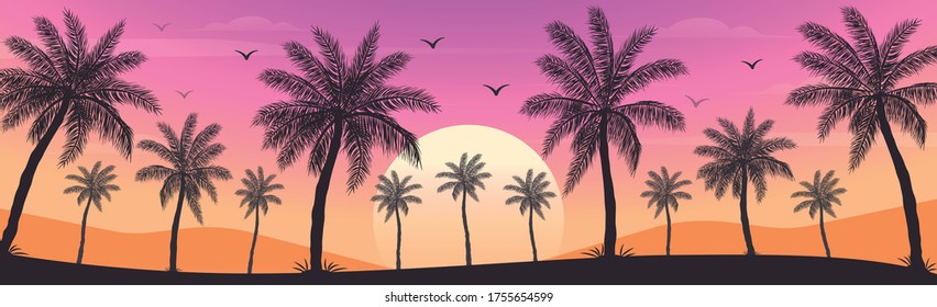 Sonnenuntergang am Strand mit Palmen - Vektorgrafik