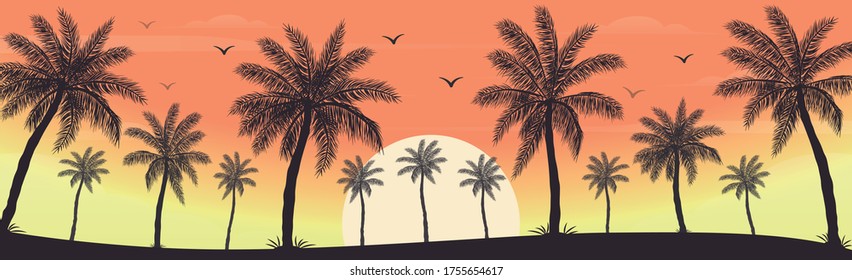 Sunset on the beach with palm trees - illustration