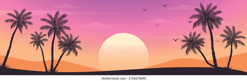 Sunset on the beach with palm trees - illustration