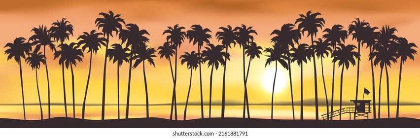 sunset on the beach palm trees  lifeguard tower ocean beautiful summer landscape panorama vector illustration