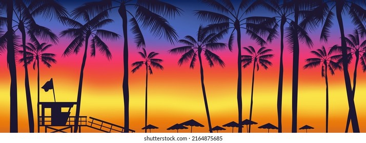 sunset on the beach palm trees  lifeguard tower umbrellas silhouettes  summer landscape panorama vector illustration