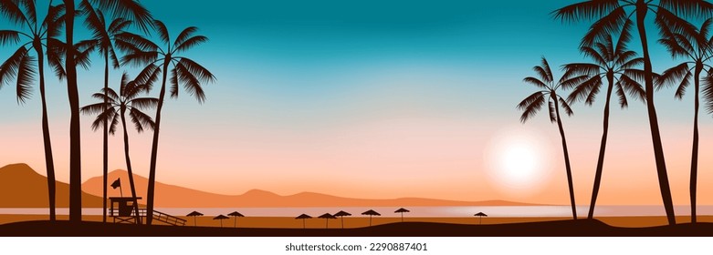 Sonnenuntergang auf den Strandpalmen, Bademeister Turm Regenschirme im Meer Sommerlandschaft Panorama Vektorgrafik