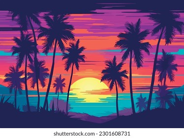 
sunset  on the beach with palm trees. Draw vector illustration 