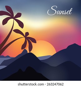 Sunset on a beach. Palm trees in the foreground. Blurred vector