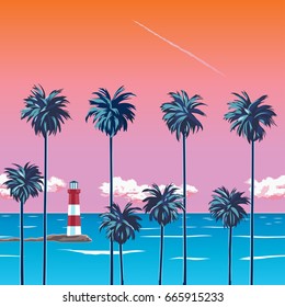 Sunset on the beach with palm trees, turquoise ocean and orange sky with clouds. Lighthouse on the seashore. A tropical backdrop for a summer vacation. Surfing beach. EPS 10 vector illustration