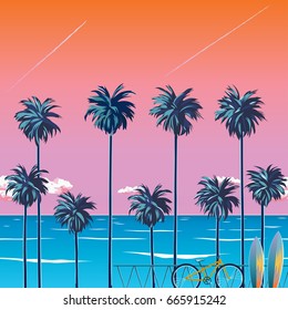 Sunset on the beach with palm trees, turquoise ocean and orange sky with clouds. Cycling on the beach. Tropical backdrop for summer vacation. Surfing beach. EPS 10 vector illustration