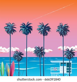 Sunset on the beach with palm trees, turquoise ocean and orange sky with clouds. Surfboards. Life-saving tower. Tropical backdrop for summer vacation. Surfing beach. EPS 10 vector illustration.