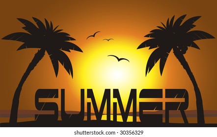 Sunset on the beach with palm's silhouette and word SUMMER