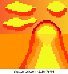 Sunset on beach with pixel art. Vector illustration.