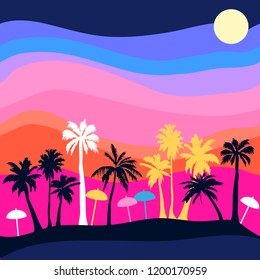 Sunset on the beach. Seamless vector pattern with palms and colorful sky. Anoha textile collection. On pink background.