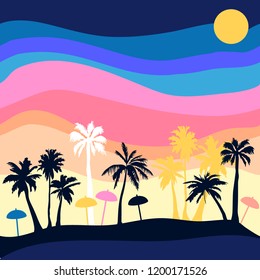 Sunset on the beach. Seamless vector pattern with palms and colorful sky. Anoha textile collection. On yellow background.