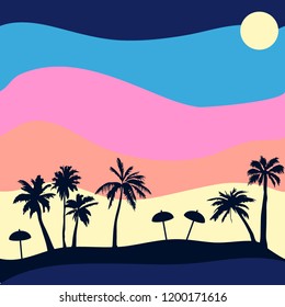 Sunset on the beach. Seamless vector pattern with palms and colorful sky. Anoha textile collection. On white background.