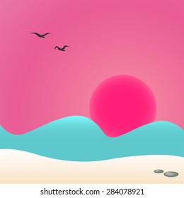 Sunset on the beach, seascape, vector illustration