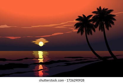 Sunset on the beach with silhouette of palm trees