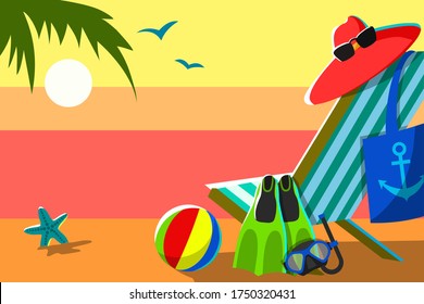 Sunset on the beach in summer. The concept of recreation, tourism. Image of a deck chair, beach hat, bag, sunglasses, ball, flippers, goggles for swimming in a cartoon style. Vector.