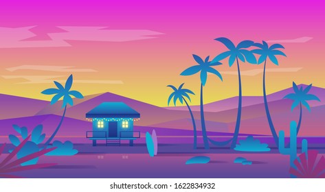 Sunset on the beach. Summer landscape illustration with palms. Flat design. Vector banners set with summer resort