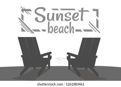 Sunset on beach, summer party, banner with black loungers, beautiful view of calm ocean, summertime, flat vector illustration fun time