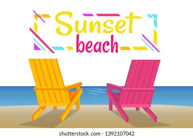 Sunset on beach, summer party, banner with yellow and pink loungers, beautiful view of calm ocean, summertime sky, flat vector illustration fun time.