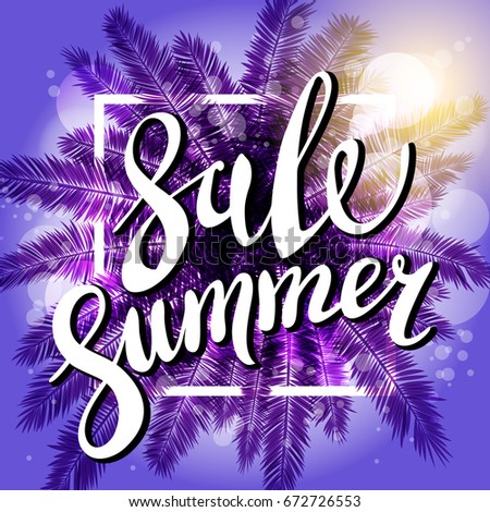 Sunset on the beach Summer sale violet background with palm. Vector banner art