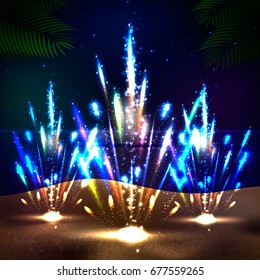 Sunset on the beach. Summer sea background. Fireworks, party on the beach. Summer vacation. vector illustration
