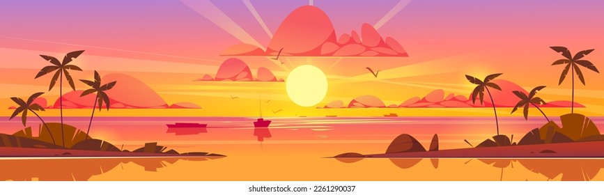 Sunset on beach in summer vector background. Sunrise on ocean island landscape cartoon illustration. Orange sky with cloud and palm. Tropic scene with boat silhouette in calm water.