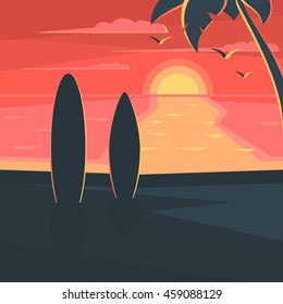 Sunset on the beach with surf and palm tree. Sea landscape. Seagulls in the sky at sunset. Vector illustration design for web banner, print promotional materials or greeting cards