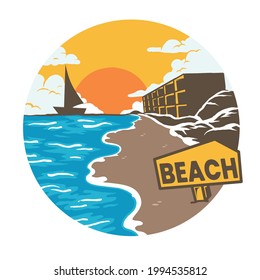 sunset on the beach. This illustration can be used as a t-shirt design, or an illustration of a place to live. This illustration can also be used for hotel logos or tourist attractions.