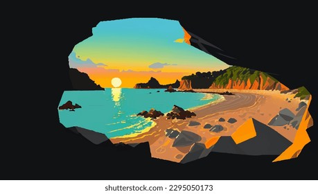 Sunset on the beach. Vector illustration in a flat style.