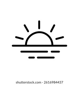 Sunset on a beach vector illustration in black line icon style. Sun and ocean vector illustration.