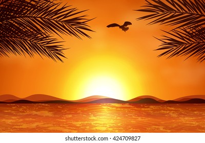 Sunset on the beach. Vector illustration.