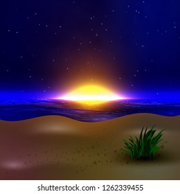 Sunset on the beach with a view from the shore. Starry sky