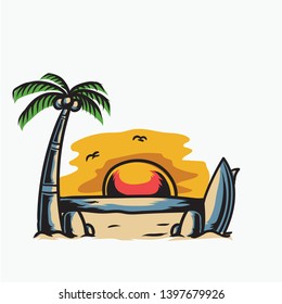 sunset on beach vintage style illustration, white background. eps 10