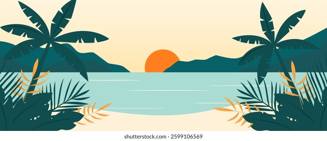 Sunset on the beach, wind illustration. Orange sunset on the beach with palm trees and exotic plants. Beach abstract illustration.