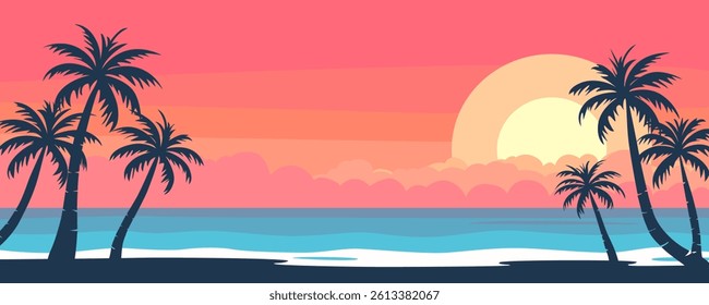 Sunset on the beach, wind illustration. Beautiful sunset on a tropical beach with palm trees. Evening beach of a tropical paradise island.