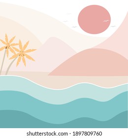 Sonnenuntergang am Strand. flaches Design Seenbild. 