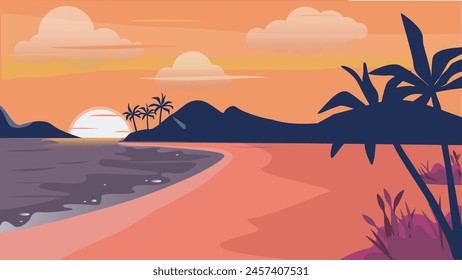 Sunset on beautiful tropical seascape. Sunset on the ocean background, vector illustration