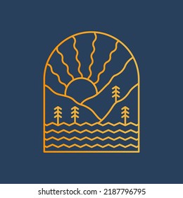 The sunset on the behind islands in mono line art . Nature design for badge patch emblem t-shirt