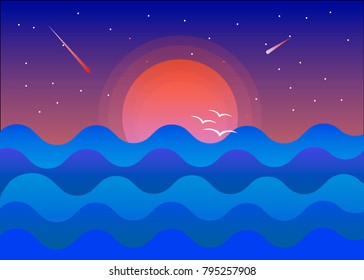 
sunset on the blue sea against the background of the sun flying seagulls