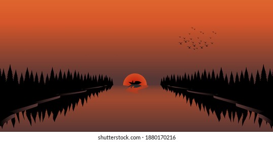 Sunset on a calm river vector illustration. The picture would be best used for brochure design, posters, website designing, printing and wallpaper.
Description
