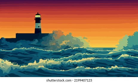 sunset on the coast of the sea and a lighthouse