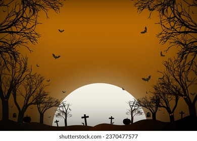 Sunset on dark forest filled with dead trees, branches forming a frame for copy space. Dark Orange sky with silhouettes of tombstone, flying bats, pumpkins. Vector Illustration. 