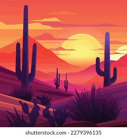 sunset on desert with cactus vector illustration landscape